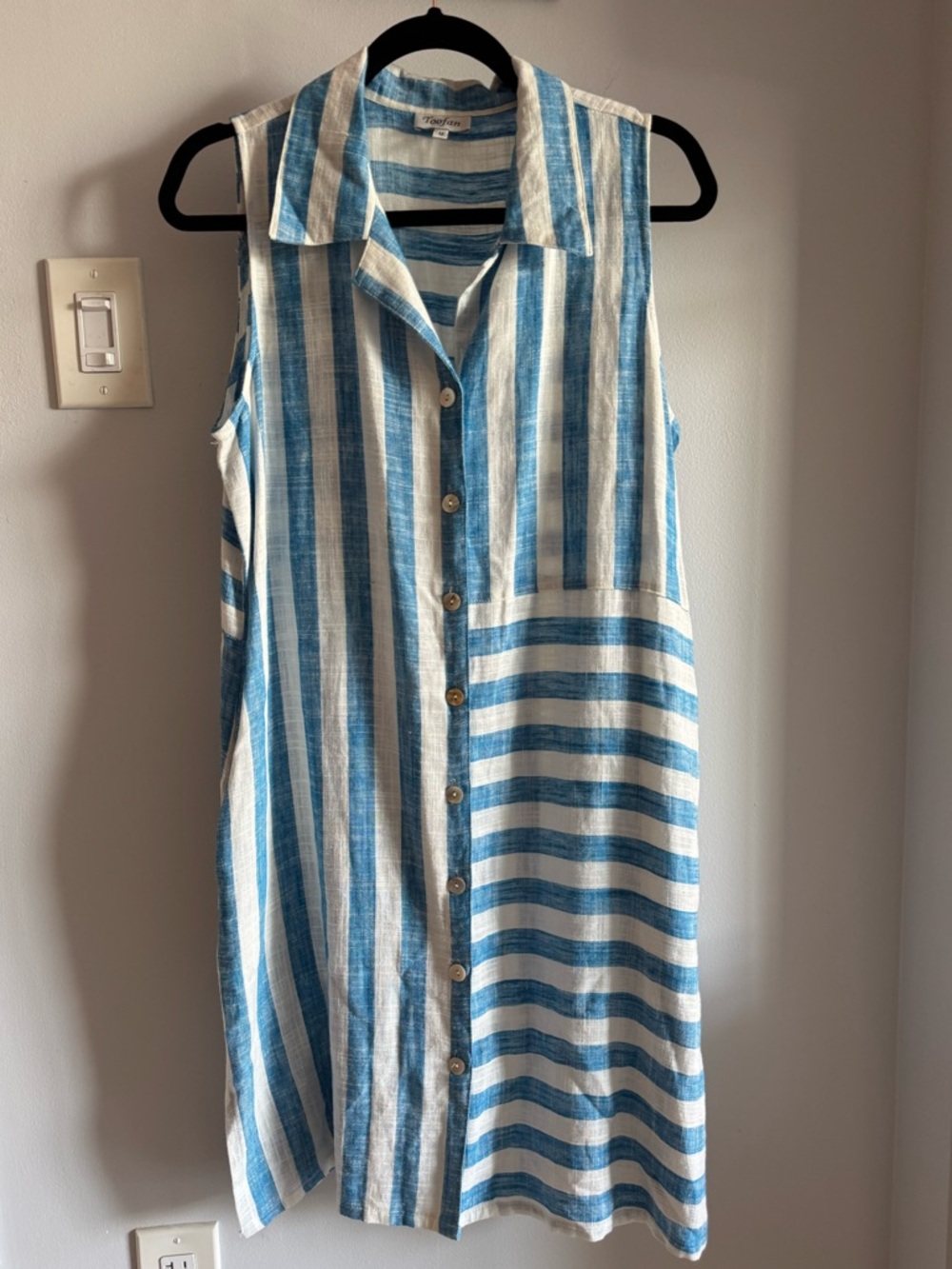 Toofan 100% Linen Blue White Striped Summer Sleeveless Button Down Midi Dress M